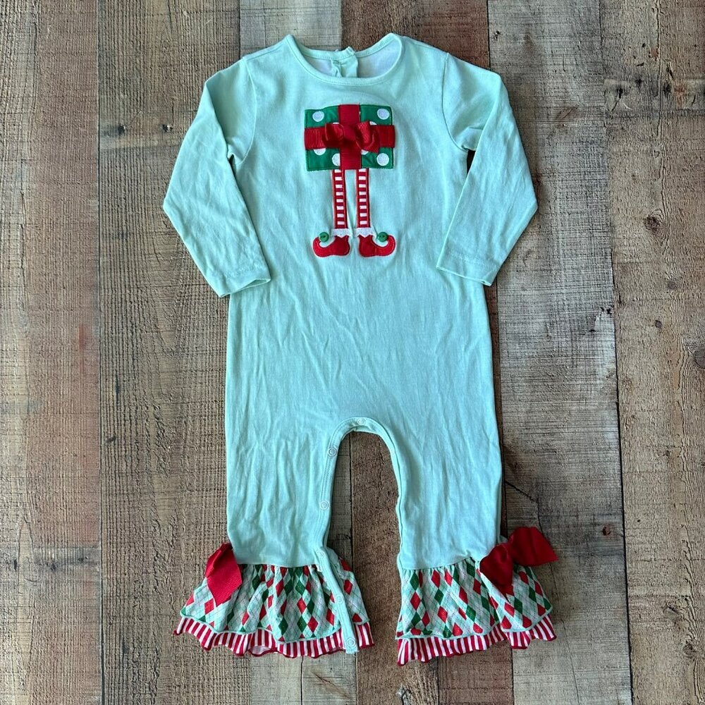 Ricrac & Ruffles Christmas Size 24M Holiday Elf Long Sleeve One Piece Romper